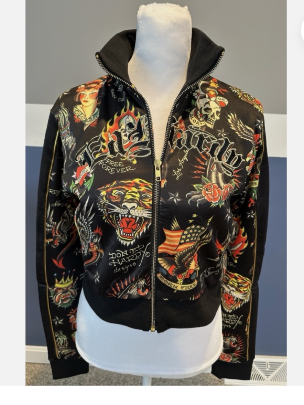 NEW! NWT ED HARDY Y2K Shrunken Flashboard Track Jacket Tattoo Black SIZE SMALL